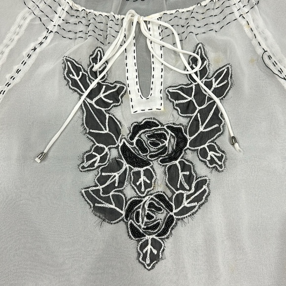 Aziz Sheer White Long Sleeve Blouse with Contrast Stitching and Bead Design - L - Picture 5 of 10